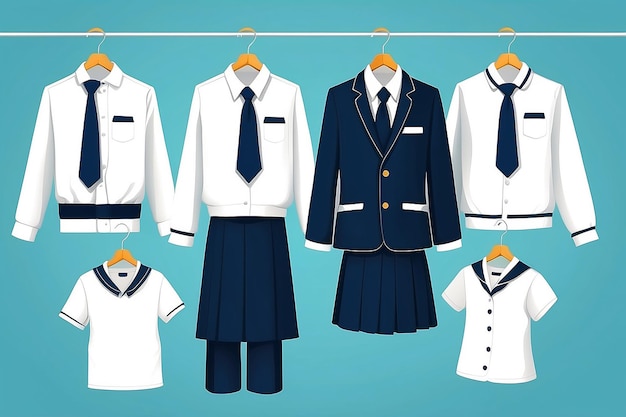 子供やティーンエイジャーの学校制服がハンガーに掛かっている