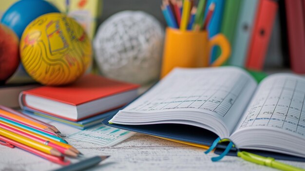 school workbook open on the table next to school objects closeup shot