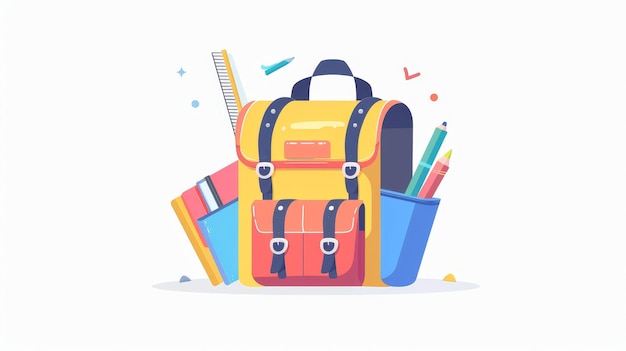 Schoolbag packed with school supplies Backpack full of stationery pens notebooks books ruler sticking out of pockets Flat modern illustration isolated on a white background