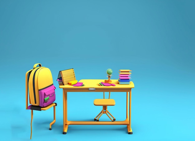 schoolbank met schoolaccessoire en rugzak in verschillende kleuren op blauwe en gele achtergrond