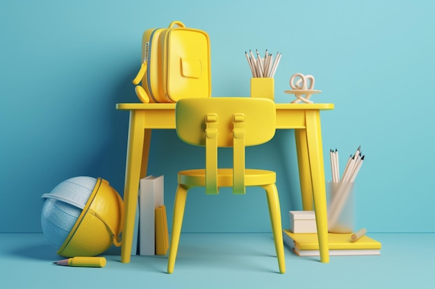 Schoolbank met schooltoebehoren en gele rugzak op blauwe achtergrond 3D Rendering 3D Illustrati