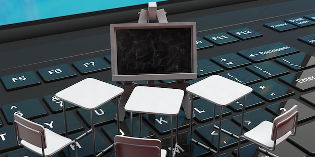 Foto schoolbanken en een schoolbord op een zwarte laptop toetsenbord 3d illustratie