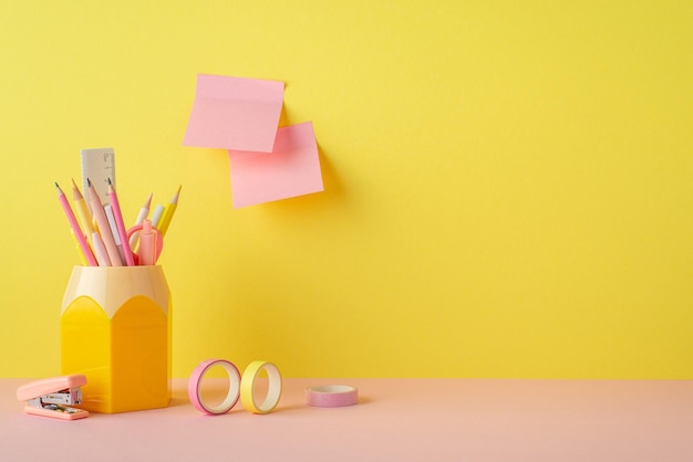 Schoolbenodigdheden concept Foto van roze en geel briefpapier potlood houder plakband mini nietmachine en plaknotitie papier bevestigd aan gele muur