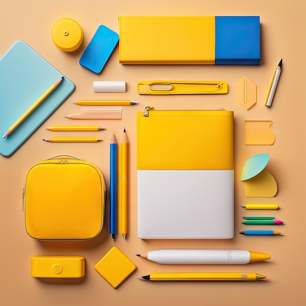 Schoolbenodigdheden over creatieve platte gele bureaublad