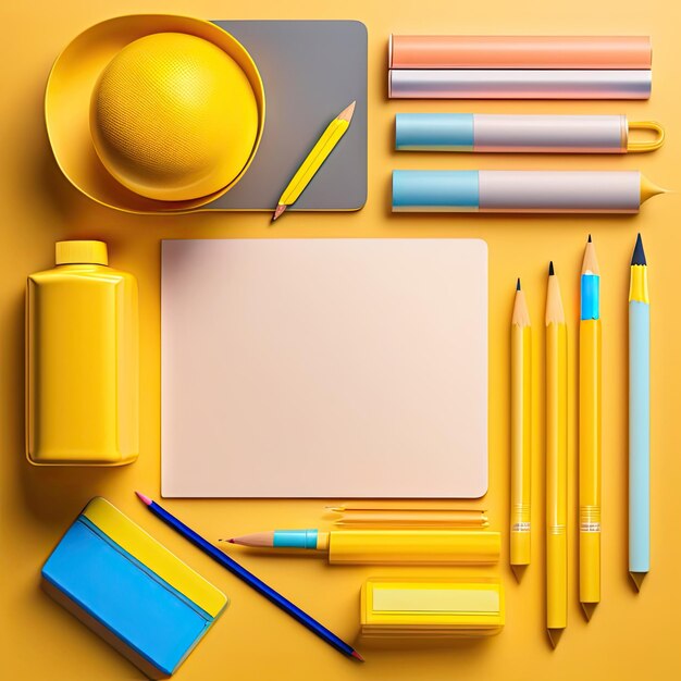 Schoolbenodigdheden over creatieve platte gele bureaublad