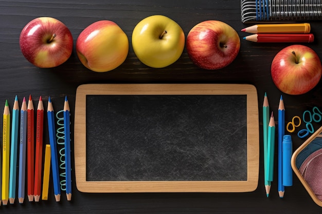 Schoolbenodigdheden voor studenten Tafel potloden kleurpotloden en appels