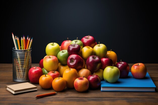 Schoolbenodigdheden voor studenten Tafel potloden kleurpotloden en appels