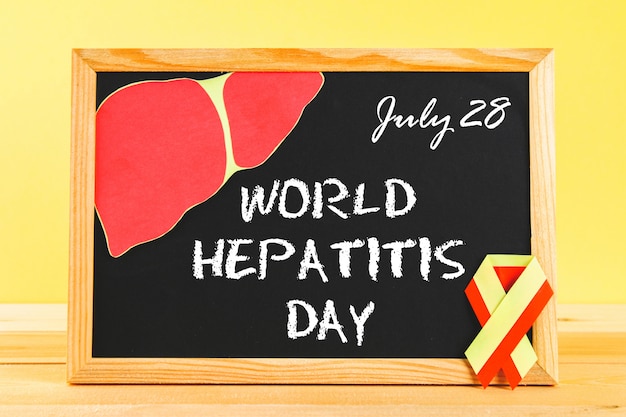 Schoolbord met tekst Wereld Hepatitis Dag. 28 juni. Rood gele tape en lever