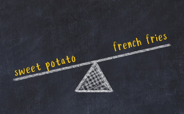 Schoolbordschets van schalen. Concept evenwicht tussen zoete aardappel en frieten