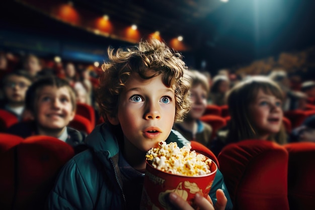 A schoolboy along with other children watches a cartoon at a session in a cinema