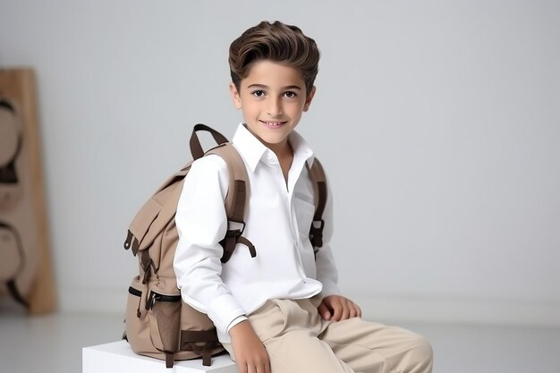 Photo schoolboy boy with backpack in uniform on light background with space for text back to school