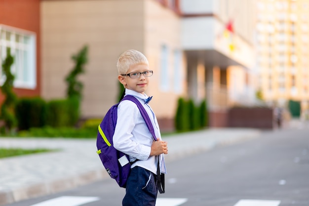 A schoolboy boy with blond glasses and a backpack is standing at the school