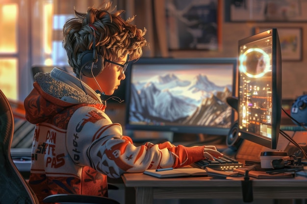 schoolboy at a desk working on a computer