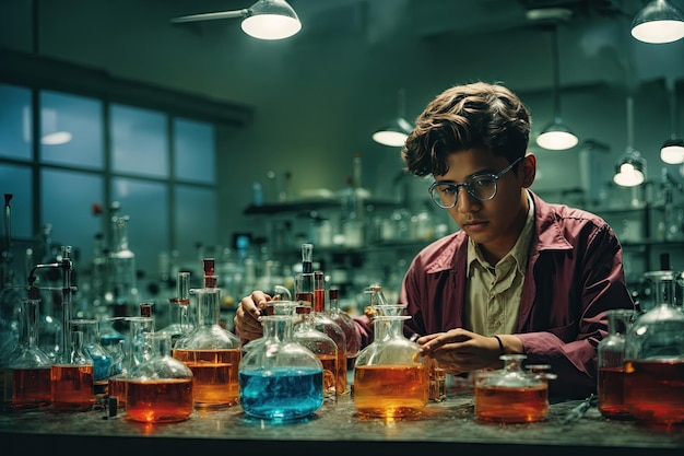 Schoolboy experimenting with the reagents in laboratory ai generative