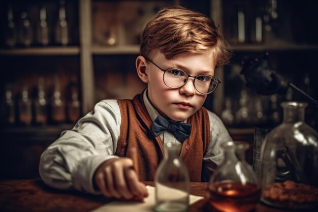 Schoolboy experimenting with the reagents in laboratory Chemical experiments Generative AI