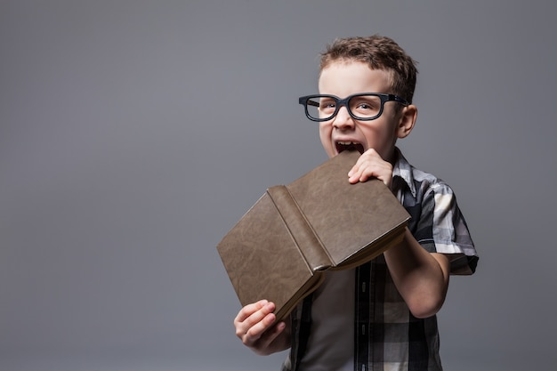 Schoolboy in glasses gnaws the book.