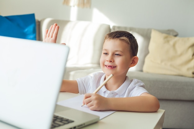 Schoolboy is studying online.