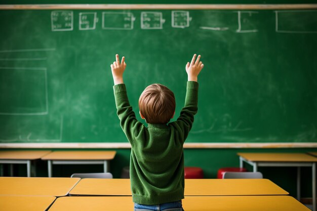 Photo schoolboy at school in multi race classroom