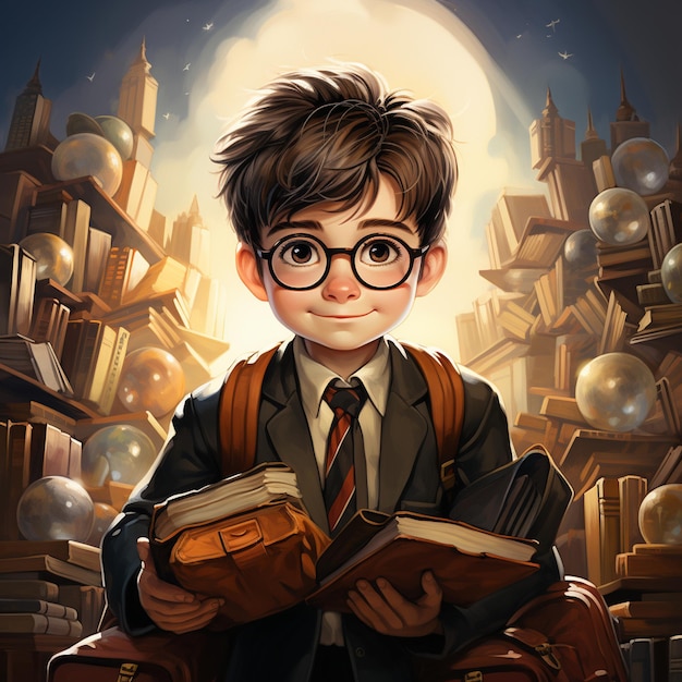 Photo schoolboy in school uniform with books student education