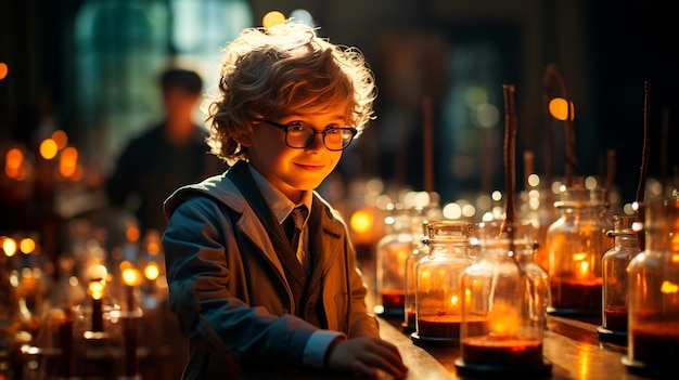 schoolboy in science laboratory