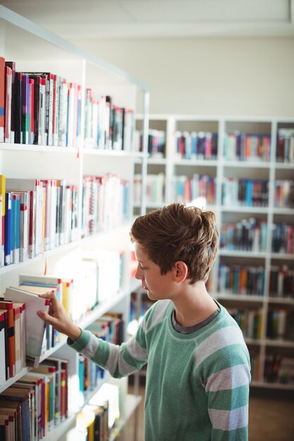 Школьник, выбирая книгу в библиотеке