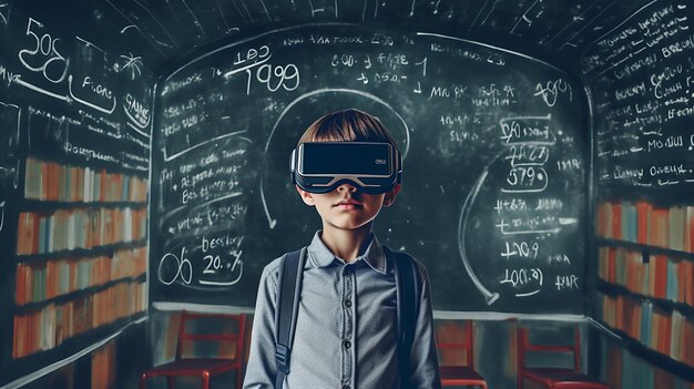 Schoolboy wearing virtual reality goggles at school libraryCreated with Generative AI technology