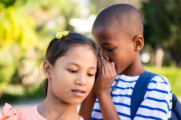 Schoolboy whispering to girl at campus