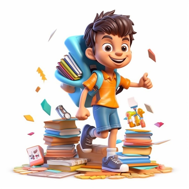 A Schoolboy with a backpack and books standing in front of white background