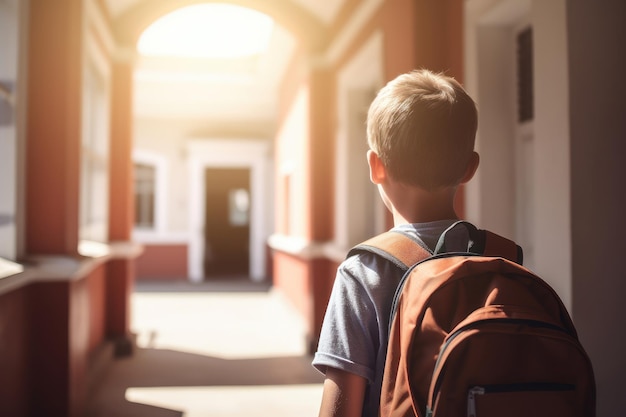 Foto uno scolaretto con uno zaino che cammina lungo il corridoio della scuola o entra nella vista posteriore della scuola sch