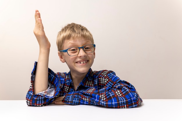 眼鏡をかけた男子生徒が格子縞のシャツを着て手を上げる小学校の勉強の答えを知っている