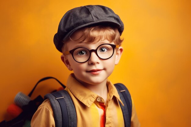 schoolboy with glasses with backpack is ready to go to school for education generative AI