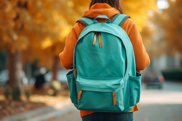 Schoolboy with a white backpack from his back on the street back to school concept generative ai