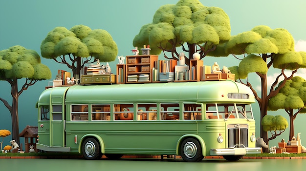 Schoolbus met schoolaccessoires en boekenIllustratie