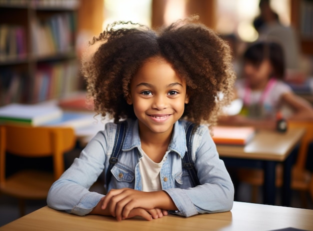 Schoolchild behind desks at school