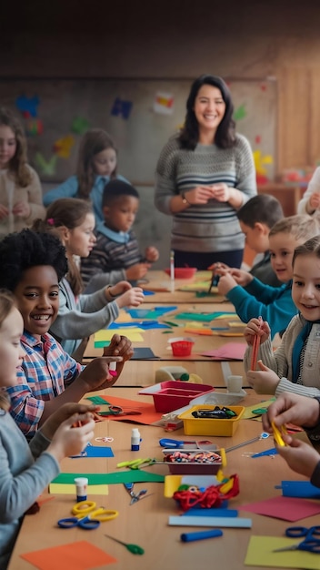 Schoolchildren learning crafts