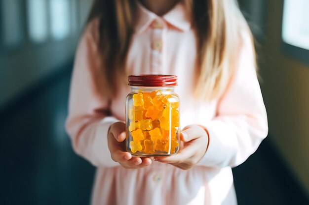 Photo schoolgirl child holds in her hands a jar of chewable gummy vitamins