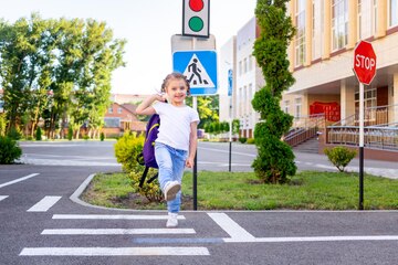 Premium Vector  School kids with backpack walking crossing road near  pedestrian traffic light on zebra cross