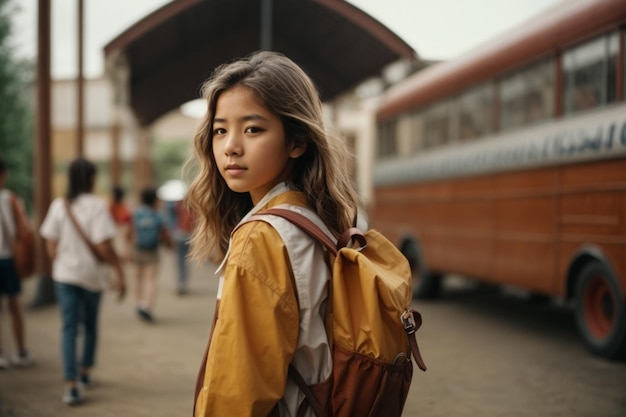 Photo schoolgirl near yellow red school bus transport for students