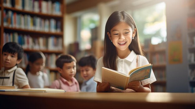 Schoolgirl reading book at school class