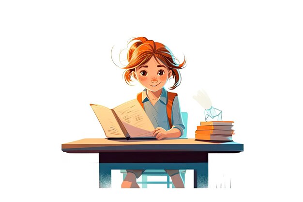 Photo schoolgirl sitting at the desk and doing homework