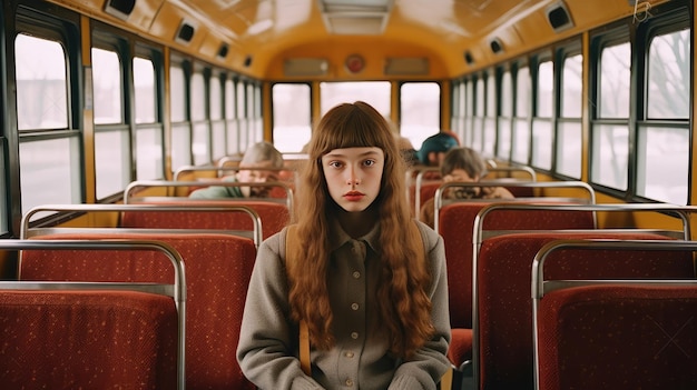 Schoolgirl sitting in the school bus on the way to school