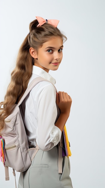 Фото Школьница с рюкзаком и учебником смотрит на тебя сзади на белом фоне
