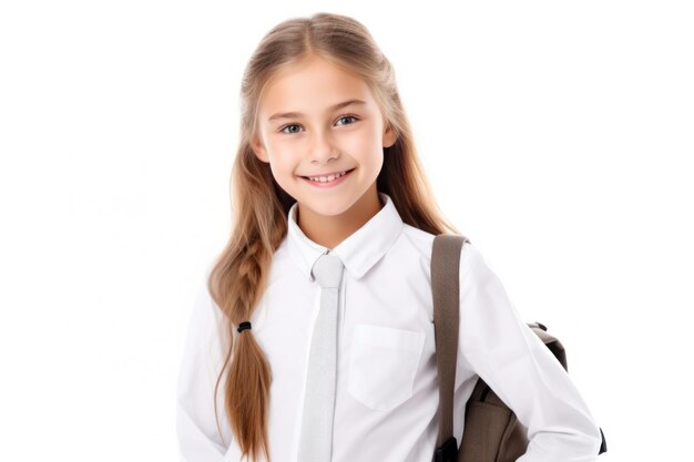 Photo schoolgirl with backpack isolated on white