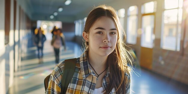 schoolgirl with a backpack in the school hallway Generative AI