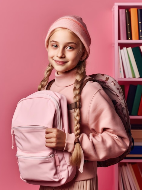 Schoolgirl with books and backpack smiling isolated on pink background