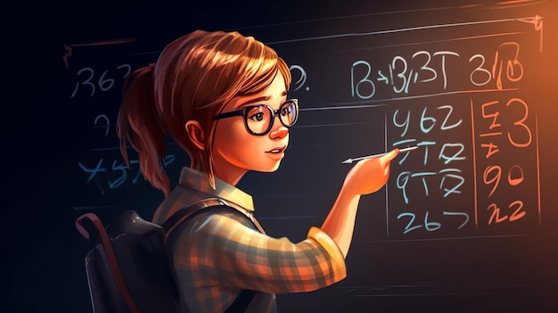 Schoolgirl writes at the blackboard in class generative ai