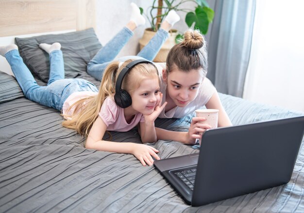 Schoolgirls  studing at home