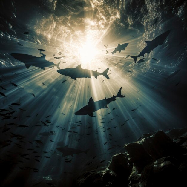 Photo schooling grey reef sharks