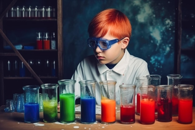 Foto schooljongen experimenteert met de reagentia in het laboratorium chemische experimenten generatieve ai