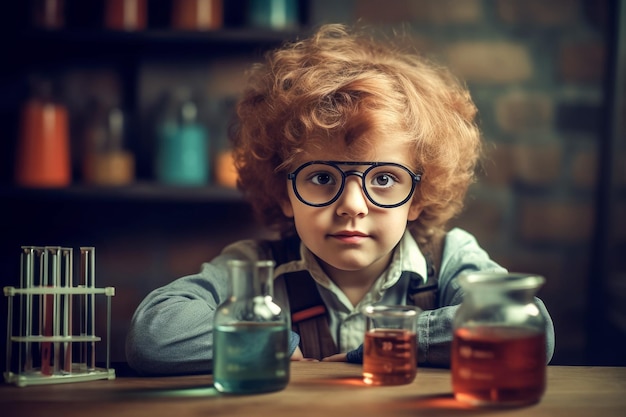 Foto schooljongen experimenteert met de reagentia in het laboratorium chemische experimenten generatieve ai